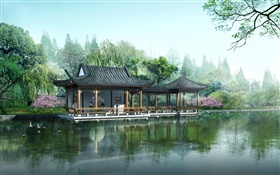 3D design, garden, gazebo, lake, lotus