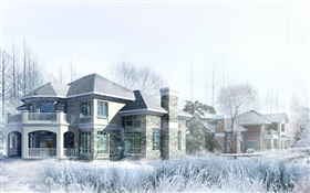 3D design, house, winter, snow HD wallpaper
