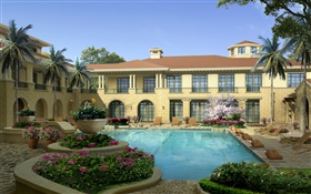 3D design, interior villas, swimming pools, flower HD wallpaper