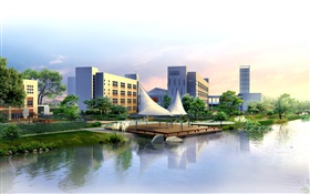 3D design, pond, houses, trees HD wallpaper