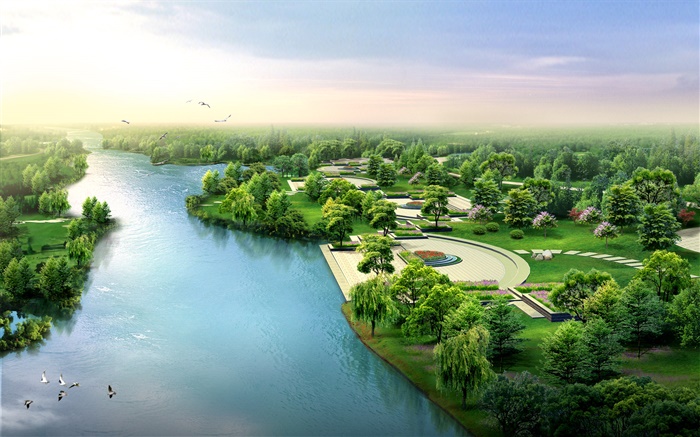 3D design, river, park, trees, birds Wallpapers Pictures Photos Images