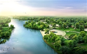 3D design, river, park, trees, birds HD wallpaper