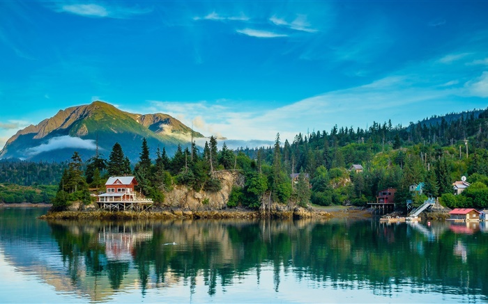 Alaska scenery, mountain, lake, trees, village, water reflection Wallpapers Pictures Photos Images