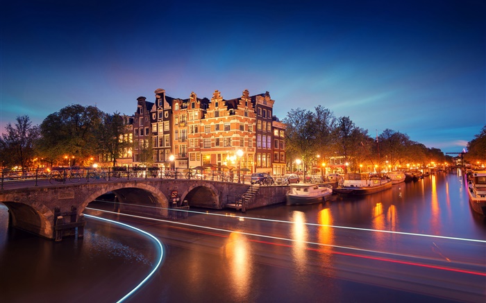 Amsterdam, Nederland, night, houses, bridge, river, lights, boats Wallpapers Pictures Photos Images