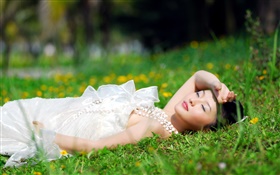 Asian white dress girl lying grass HD wallpaper
