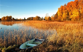 Autumn, lake, grass, boat, trees, house HD wallpaper