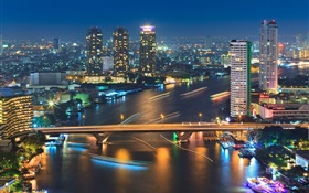 Bangkok, Thailand, buildings, river, bridge, night, lights HD wallpaper