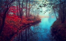 Beautiful nature scenery, autumn, river, trees, red leaves HD wallpaper