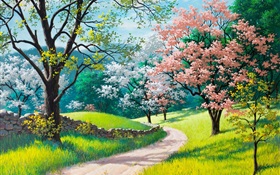 Beautiful painting, spring, road, trees, grass, flowers