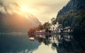 Beautiful scenery, morning, mountain, lake, house, swans, sunrise HD wallpaper