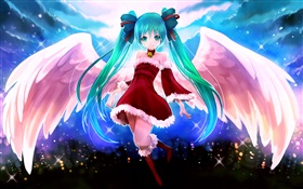 Blue hair anime girl, angel, wings