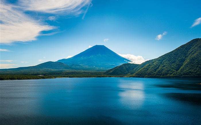 Blue style scenery, ocean, mountains, trees Wallpapers Pictures Photos Images
