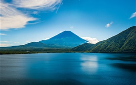 Blue style scenery, ocean, mountains, trees HD wallpaper