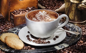 Cappuccino coffee, cup, saucer, biscuits