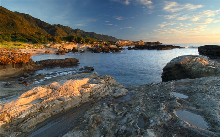 Coast, rocks, sea, dusk Wallpapers Pictures Photos Images