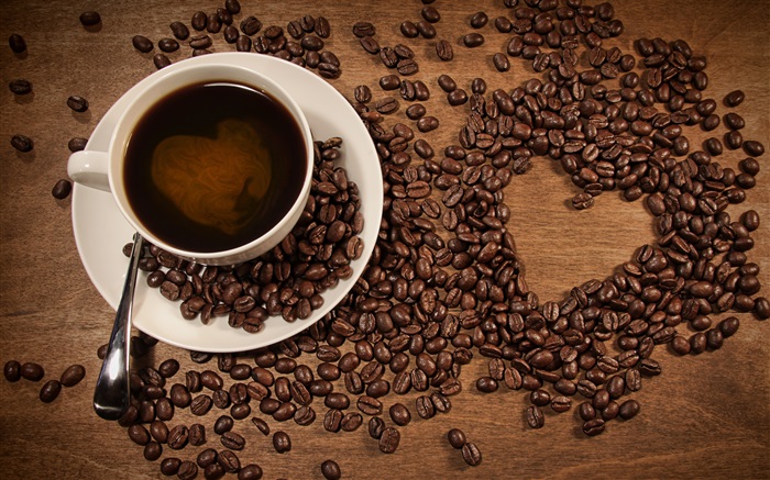 Cup of coffee, coffee beans, love heart-shaped Wallpapers Pictures Photos Images