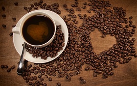 Cup of coffee, coffee beans, love heart-shaped HD wallpaper