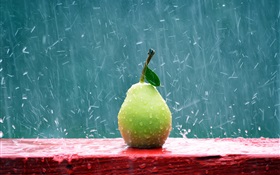 Fruit close-up, pear in the rain HD wallpaper
