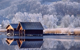 Houses, river, trees, winter, Germany HD wallpaper