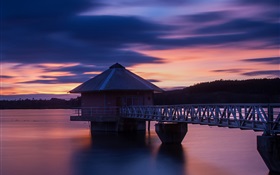 Lake, buildings, sunset HD wallpaper