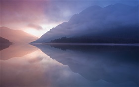 Lake, mountain, fog, water reflection HD wallpaper