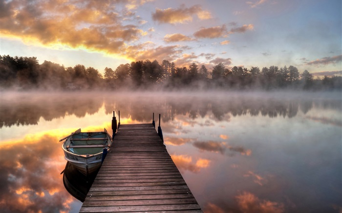 Lake, pier, trees, fog, morning Wallpapers Pictures Photos Images