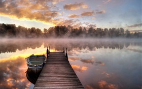 Lake, pier, trees, fog, morning HD wallpaper