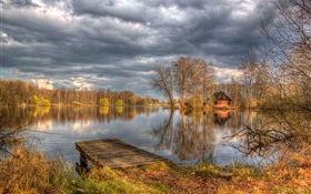 Lake, trees, house HD wallpaper
