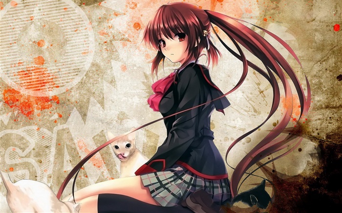 Long hair anime girl with cat Wallpapers Pictures Photos Images
