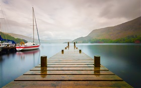 Pier, river, boats, rain HD wallpaper