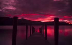 Pier, sunset, lake, red sky HD wallpaper