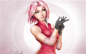 Pink hair anime girl, red dress HD wallpaper