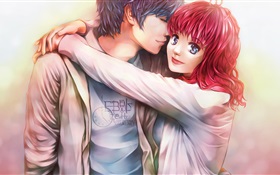 Red hair anime girl with her boyfriend HD wallpaper
