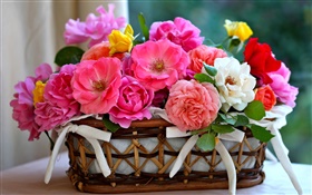 Red rose flowers, basket HD wallpaper