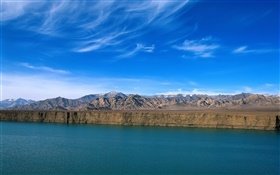 River, mountains, blue sky, cliff, China landscape HD wallpaper