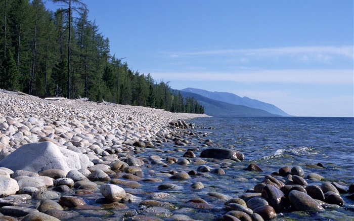 Rocks, beach, Lake Baikal, Russia Wallpapers Pictures Photos Images
