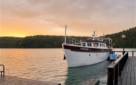 Russia, Lake Baikal, dusk, yacht, pier HD wallpaper