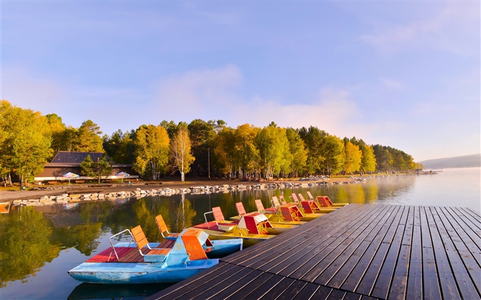 Russia, Lake Baikal, pier, trees, autumn Wallpapers Pictures Photos Images