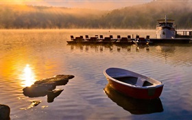 Russia, Lake Baikal, sunrise, pier, morning, fog HD wallpaper