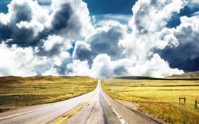 Straight road, clouds HD wallpaper