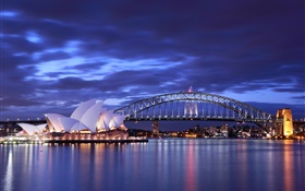 Sydney Opera House, Australia, night, bridge, lights, sea, blue HD wallpaper