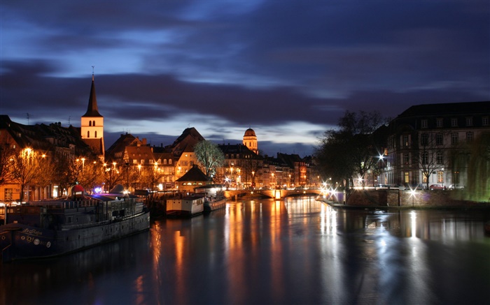 Town night, lights, house, river Wallpapers Pictures Photos Images
