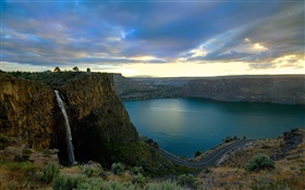 Twilight beauty, rivers, roads, waterfalls, cliff HD wallpaper