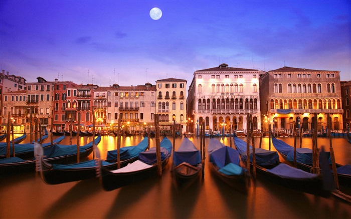 Venetian night, boat, house, river, lights, moon Wallpapers Pictures Photos Images