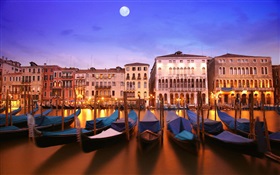 Venetian night, boat, house, river, lights, moon HD wallpaper