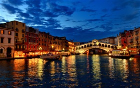 Venice, night, river, houses, lights, bridge HD wallpaper