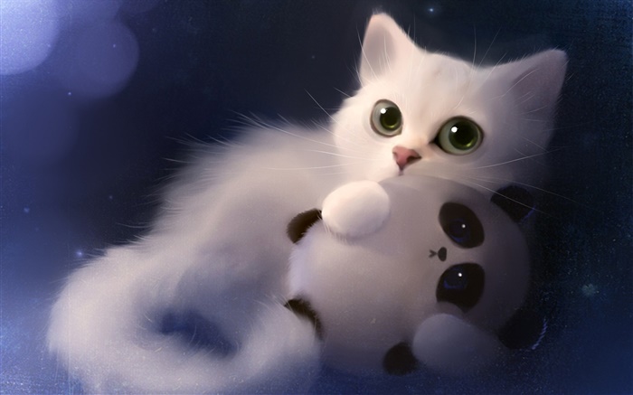 Watercolor painting, cat with toy panda Wallpapers Pictures Photos Images