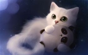 Watercolor painting, cat with toy panda HD wallpaper