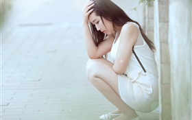 White dress girl squat down HD wallpaper