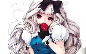 White hair anime girl eating apple HD wallpaper